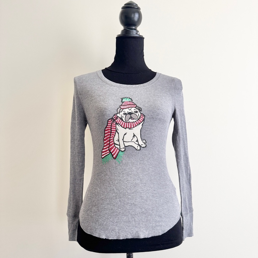 Old Navy Christmas Pug Waffle Knit Pajama Top – Petite XS – NWT